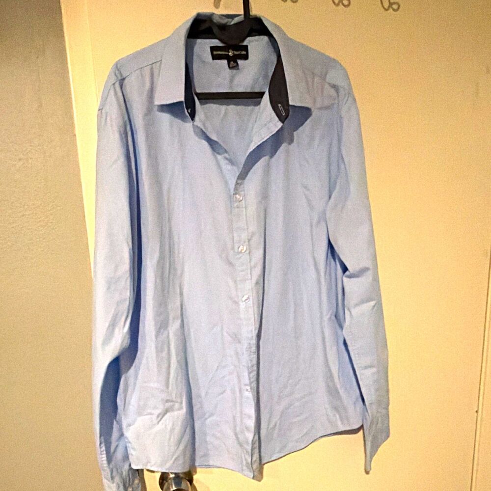 Beverly Hills Polo Club Solid Blue Woven Point Collar Button Up Shirt Mens XL